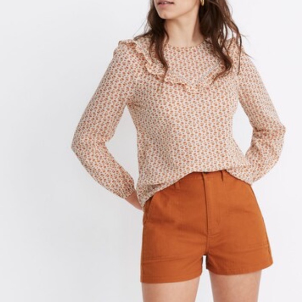 Madewell Floral Ruffle Blouse in Cream and Orange